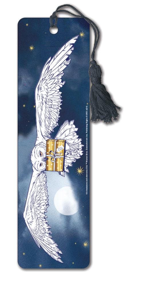 BMR-0002E - Harry Potter Hedwig Resin Bookmark - OFFICIALLY LICENSED - Rectangular bookmark featuring a white owl holding a golden gift box against a dark blue starry night sky, with a black tassel attached