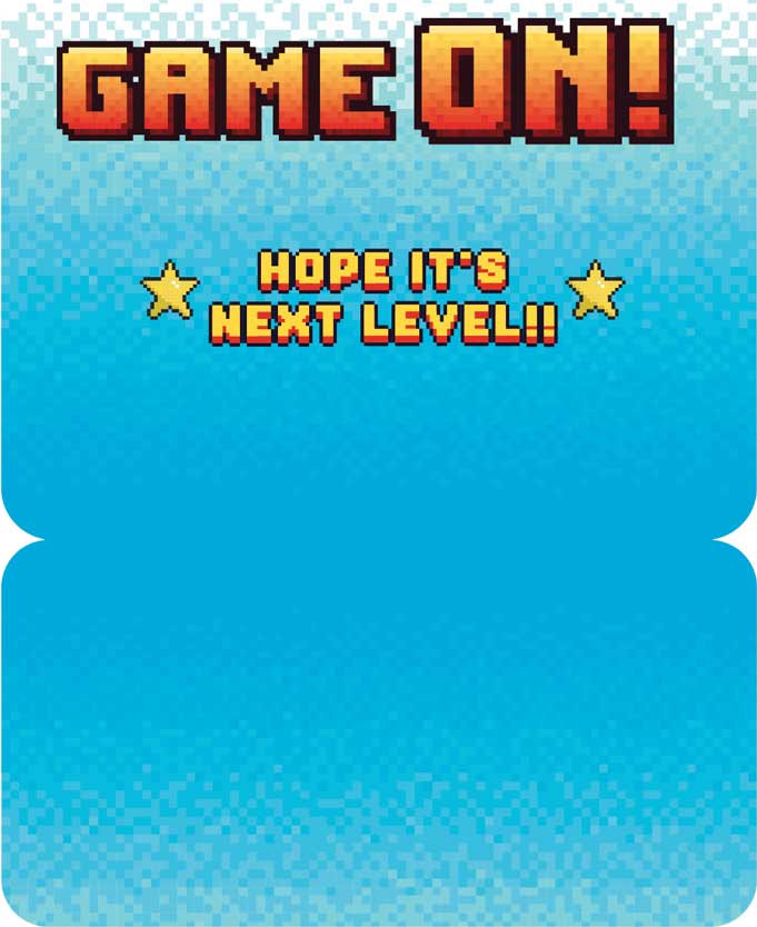 C-7007E - Note Card - Game On Birthday Foil - Retro pixel art birthday card with "GAME ON!" text and "HOPE IT'S NEXT LEVEL!!" message on blue background