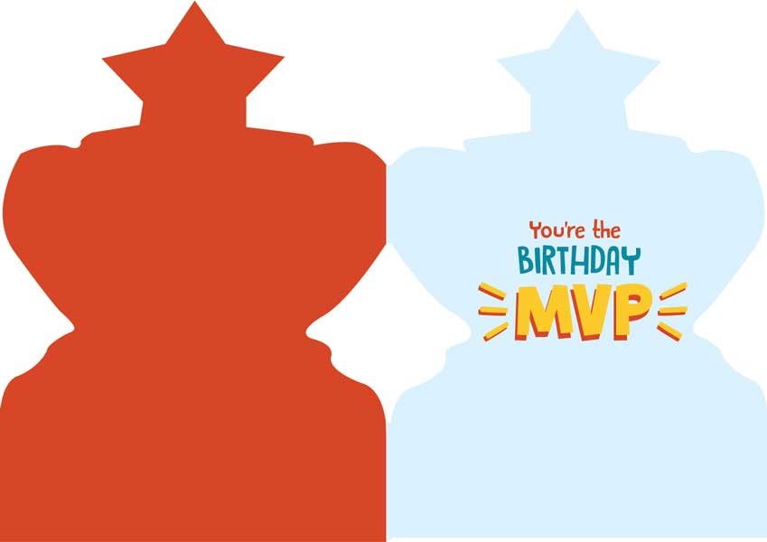CF-7057E - Note Card - Trophy Kid Foil - Red and blue trophy-shaped note cards with "You're the Birthday MVP" text and gold foil accents