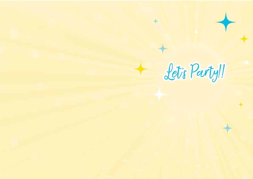 CF-7063E - Note Card - Dance Party Foil - Cream-colored card with blue and yellow foil stars scattered across and "Let's Party!!" text in blue script