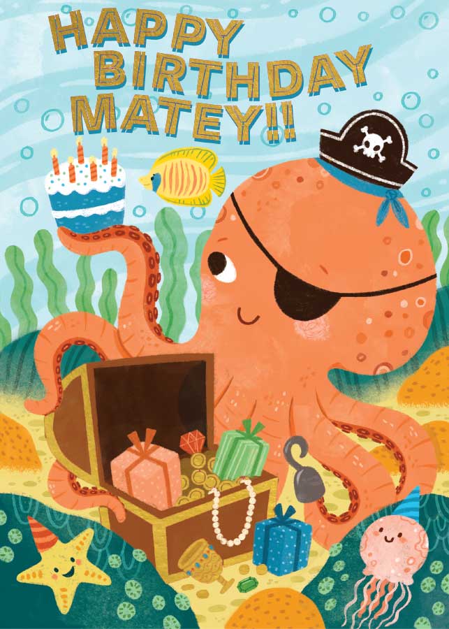 CF-7093E - Birthday Pirate Octopus - Foil Card - Orange pirate octopus holding birthday cake and treasure chest surrounded by sea creatures and "Happy Birthday Matey" text