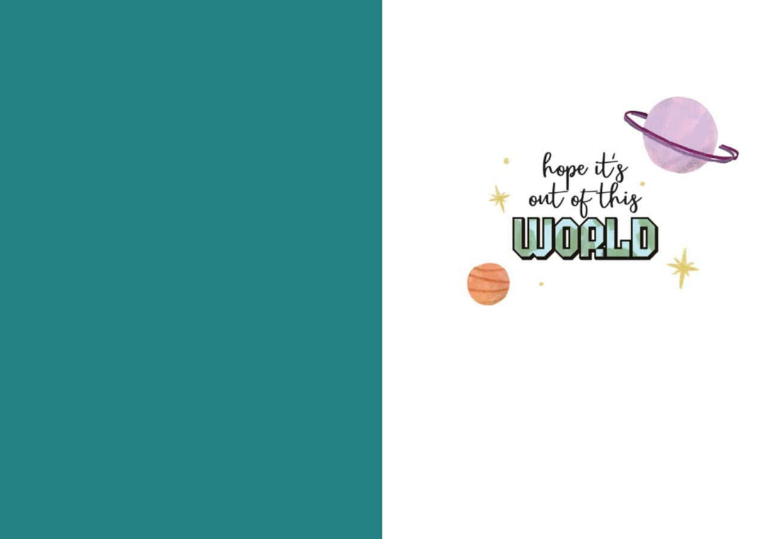 CF-7098E - Space Dino Birthday - Foil Card - Greeting card with teal left panel and white right panel featuring planets, stars, and text reading "hope it&