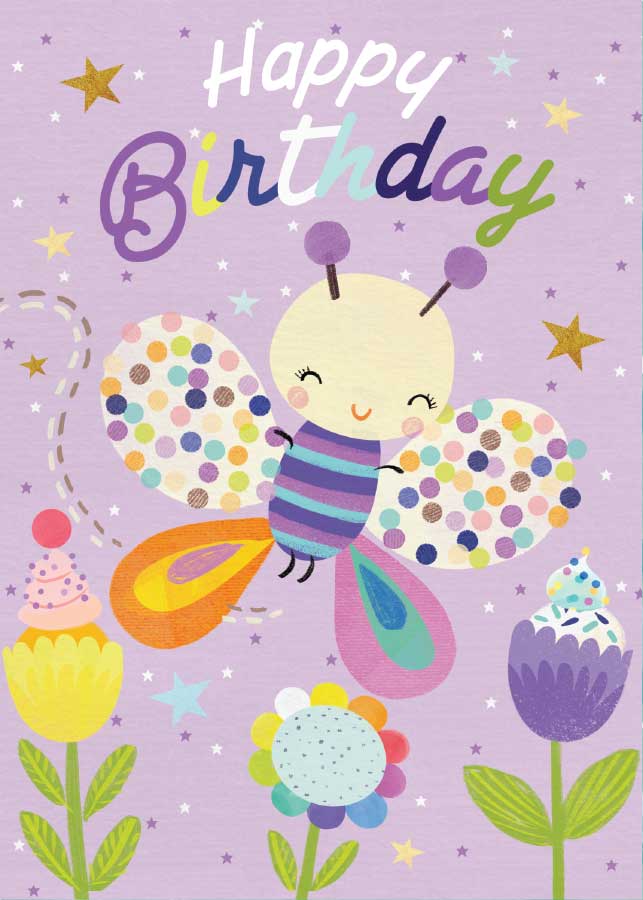 CGL-7015E - Birthday Butterfly - Glitter Card - Colorful greeting card featuring a smiling butterfly with polka-dotted wings surrounded by flowers and stars on a purple background