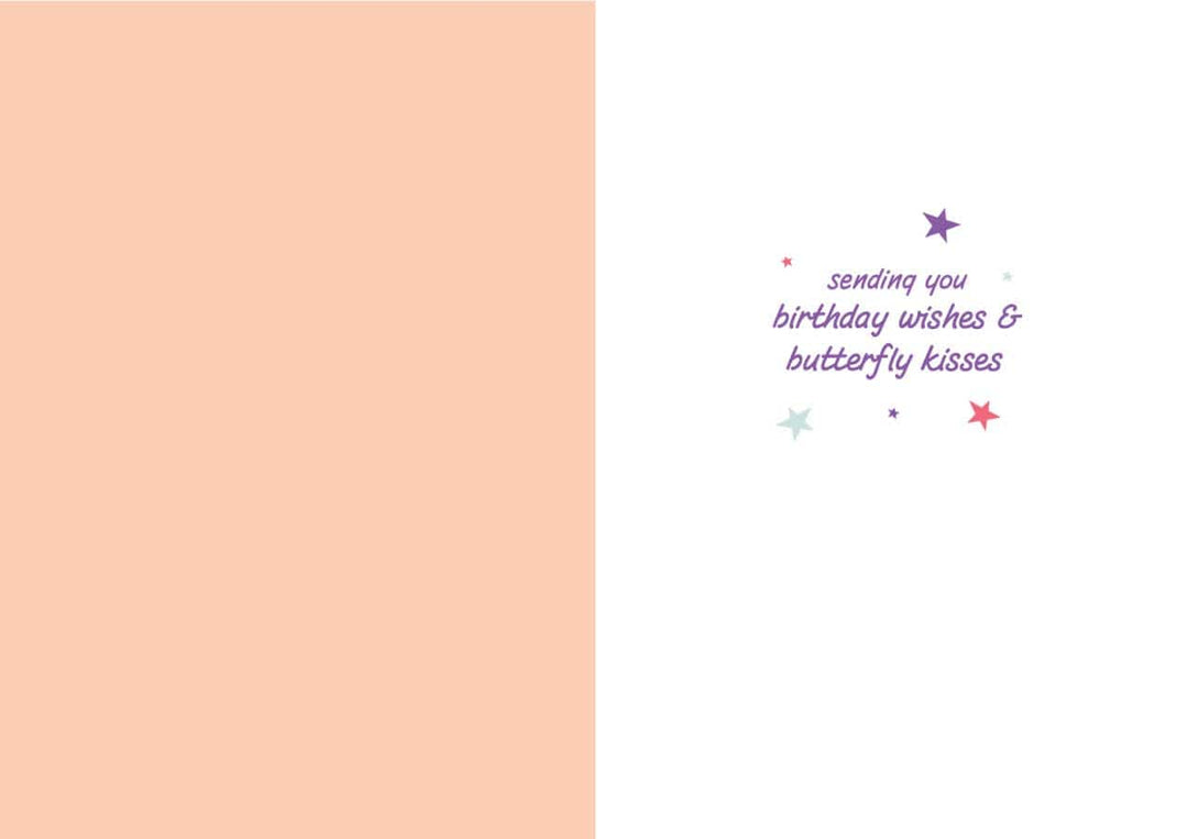 CGL-7015E - Birthday Butterfly - Glitter Card - Peach and white greeting card with purple text reading "sending you birthday wishes &amp; butterfly kisses" surrounded by colorful stars