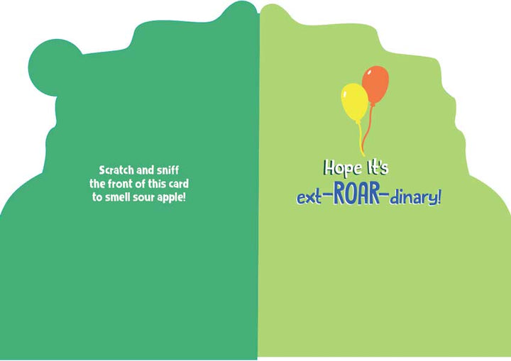 CSS-7014E - Note Card - Dinosaur Scratch and Sniff - Green and yellow folded card with balloons and "Hope it&