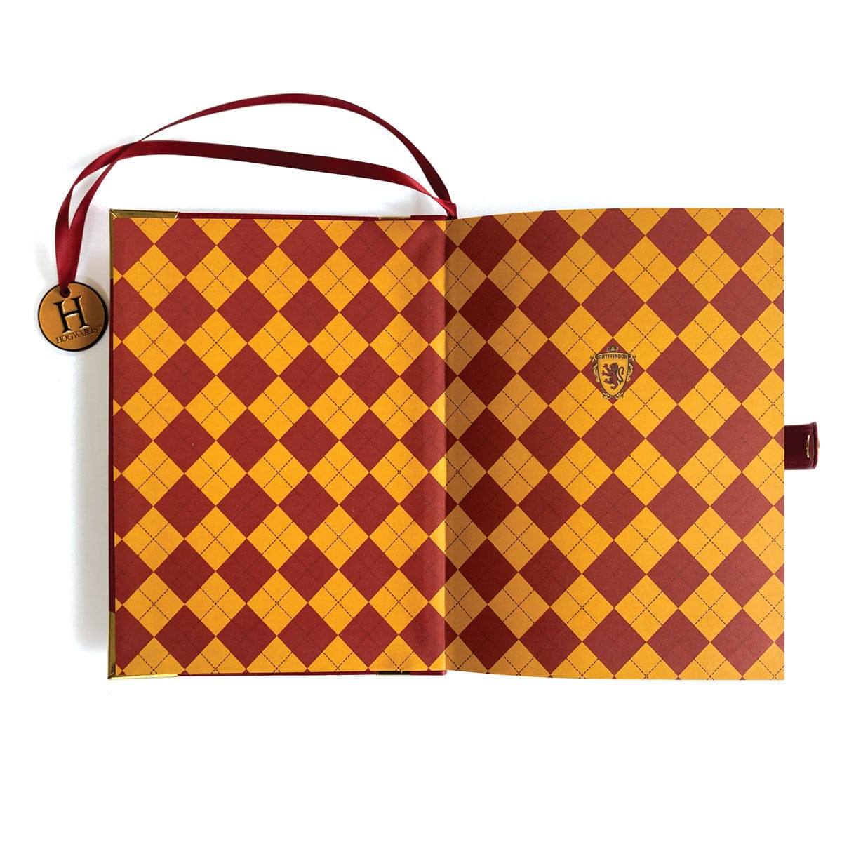 JL-0066E - Harry Potter Gryffindor Vegan Leather Journal - Red and gold argyle patterned vegan leather journal with burgundy ribbon handle and circular charm