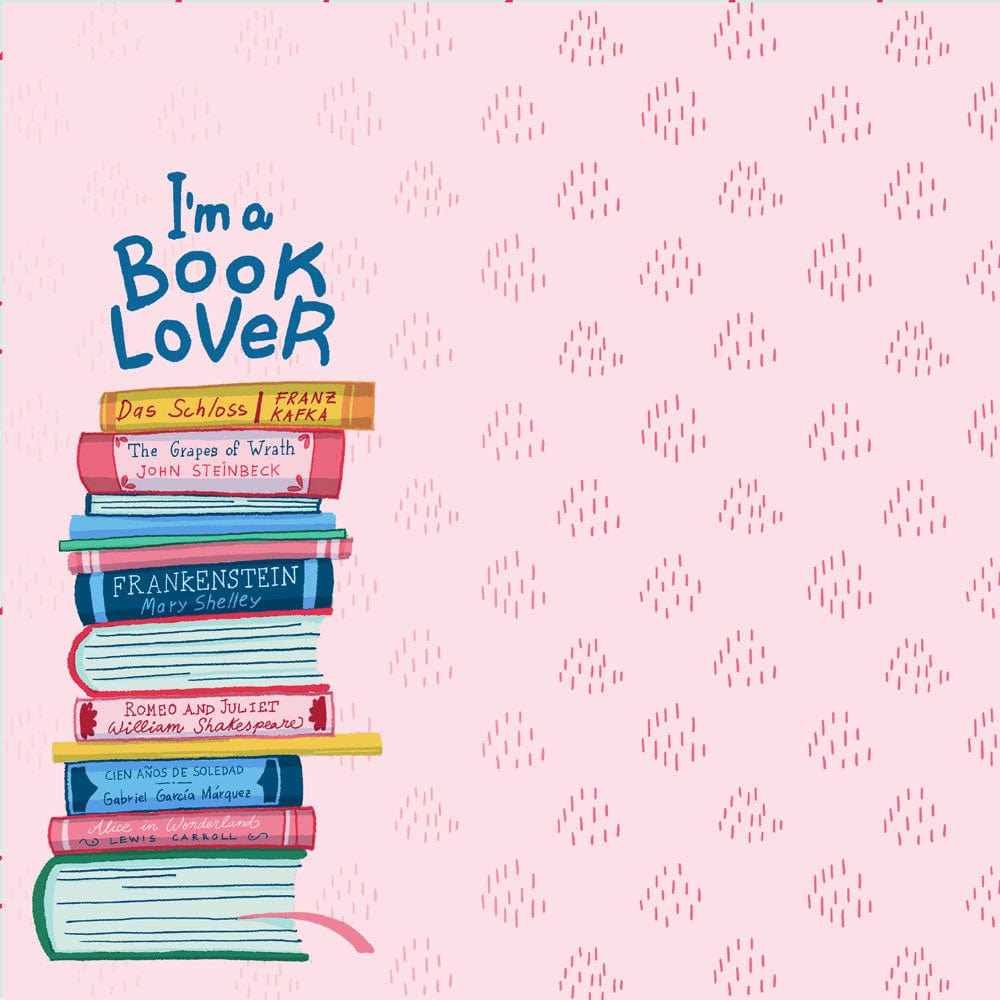 P-2334E - Book Lover 12 x 12 Paper - Illustrated stack of colorful classic books with "I&