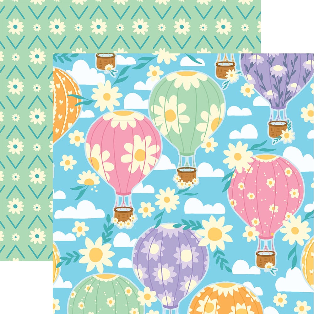 P-2339E - Lighter than Air 12 x 12 Paper - Colorful hot air balloons with daisy flowers floating in a blue sky with clouds, paired with a mint green floral pattern border
