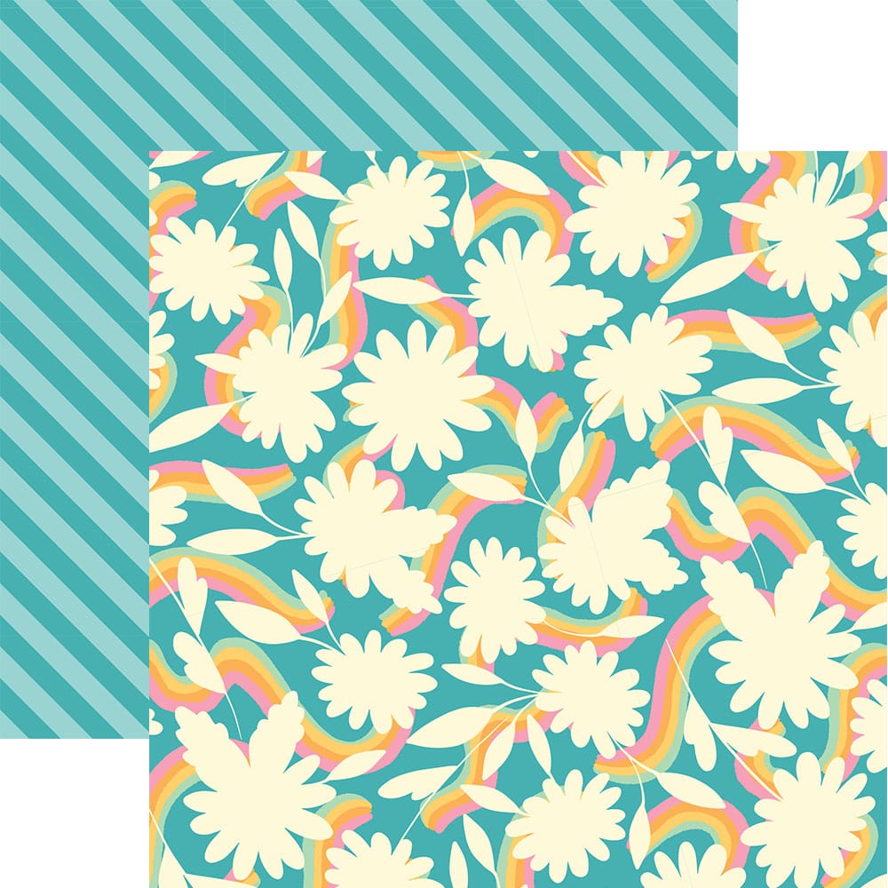 P-2340E - Rainbow Dreams 12 x 12 Paper - Teal scrapbook paper featuring cream daisies and rainbow curved stripes with a coordinating striped border
