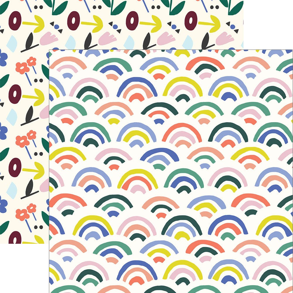 P-2343E - Rainbows 12 x 12 Paper - Colorful rainbow arc pattern in pink, blue, yellow, green, and coral on cream background with coordinating botanical design sheet