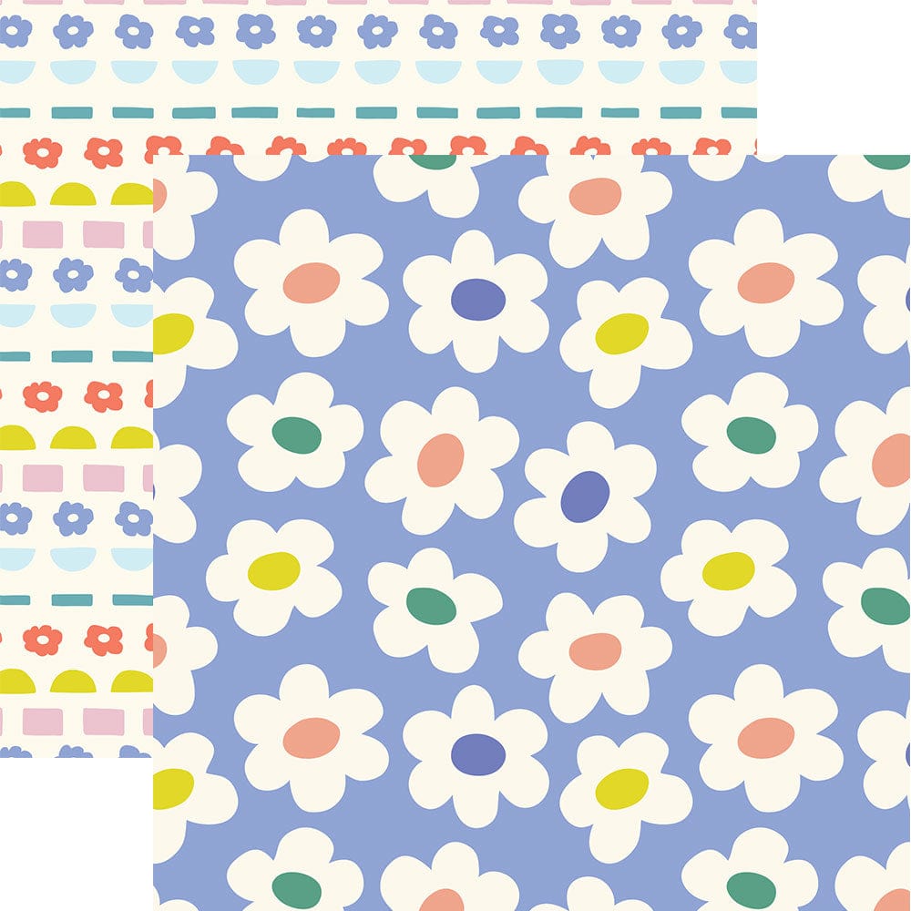 P-2344E - GeoPop Daisies 12 x 12 Paper - Blue background with white daisies featuring colorful centers in coral, yellow, navy, and green