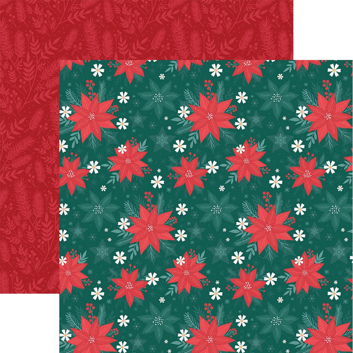 P-2345E - Poinsettia 12 x 12 Paper - Red and green reversible scrapbook paper featuring poinsettias, white flowers, and evergreen sprigs on both sides