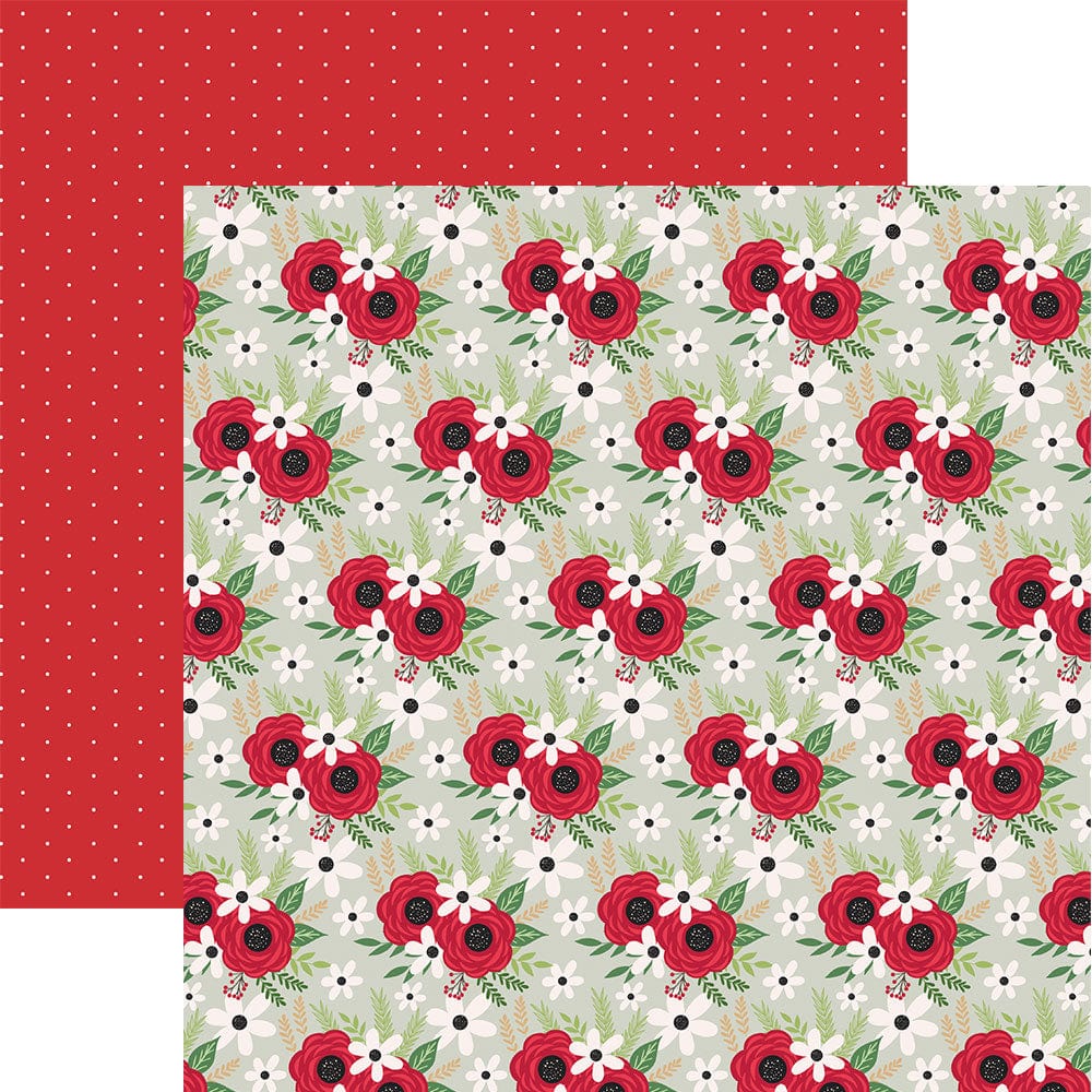 P-2347E - Christmas Roses 12 x 12 Paper - Double-sided scrapbook paper featuring red polka dots and red roses with white flowers and green foliage