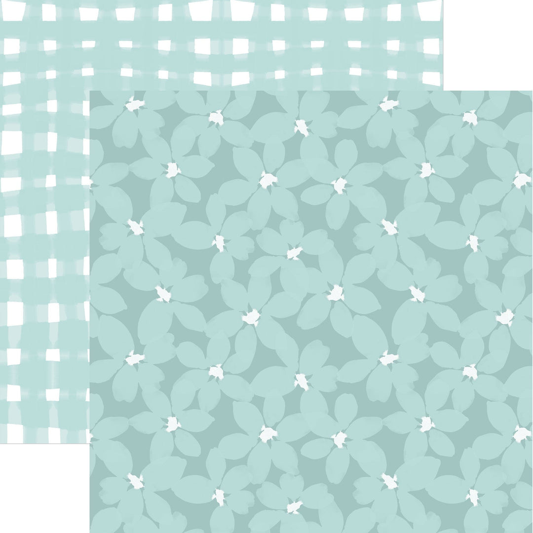 P-2348E - Baby Boy Floral 12 x12 Paper - Light blue floral paper with white flowers and gingham check pattern in corner