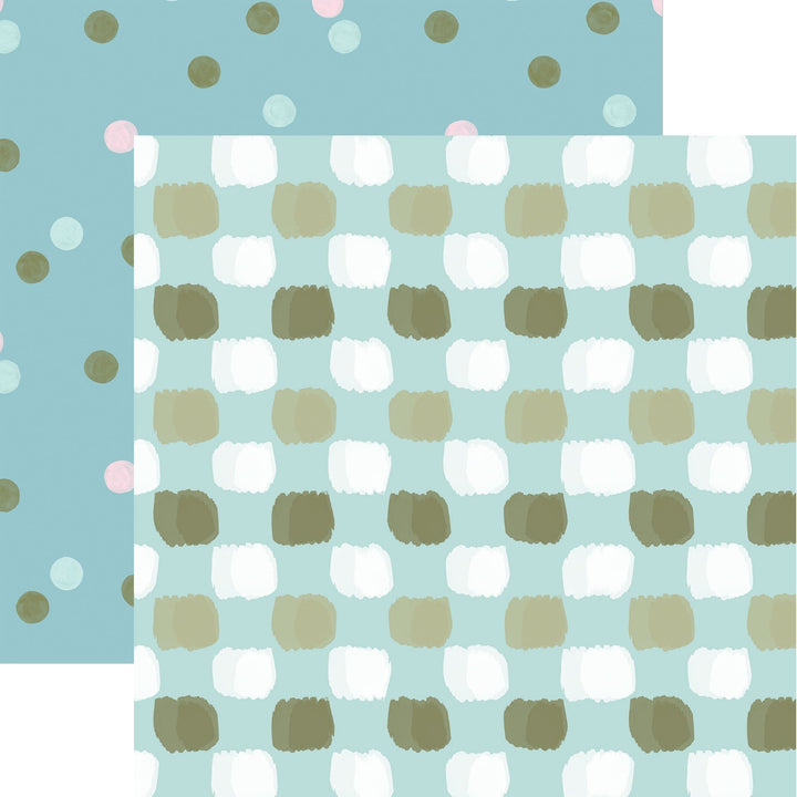 P-2350E - Baby Boy Plaid 12 x12 Paper - Light blue scrapbook paper with alternating rows of white and tan checkered squares featuring decorative scalloped edges