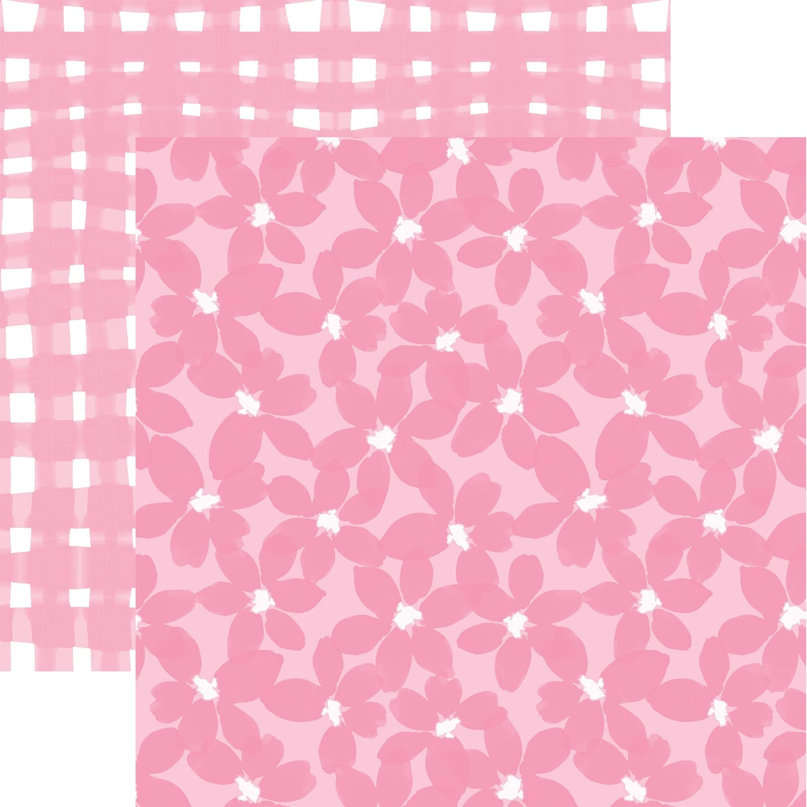 P-2351E - Baby Girl Floral 12 x12 Paper - Two coordinating pink patterned papers featuring floral designs and geometric squares on a light background