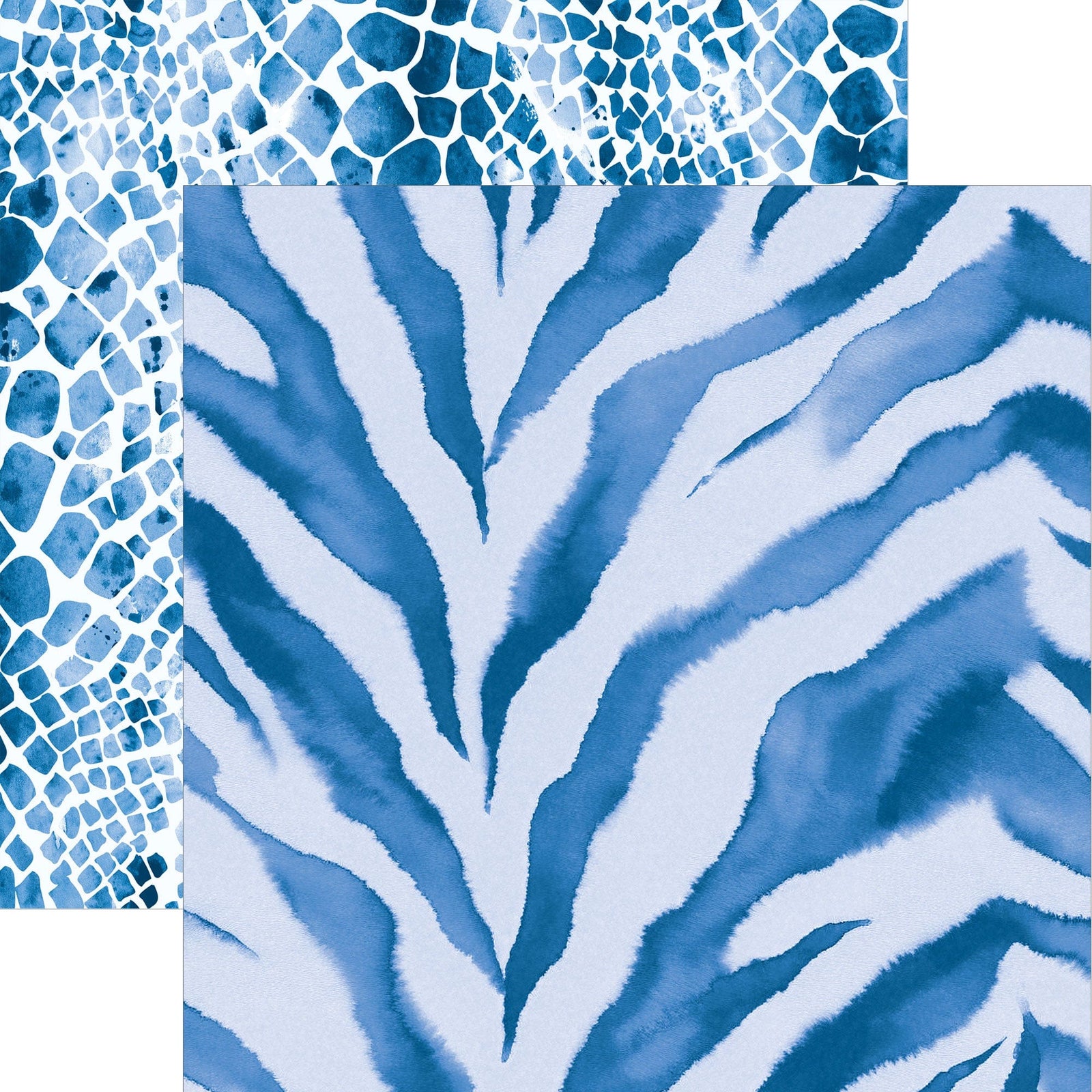 P-2358E - Blue  Watercolor Zebra & Python Print 12 x 12 Paper - Blue watercolor zebra and python stripe patterns on white background decorative paper