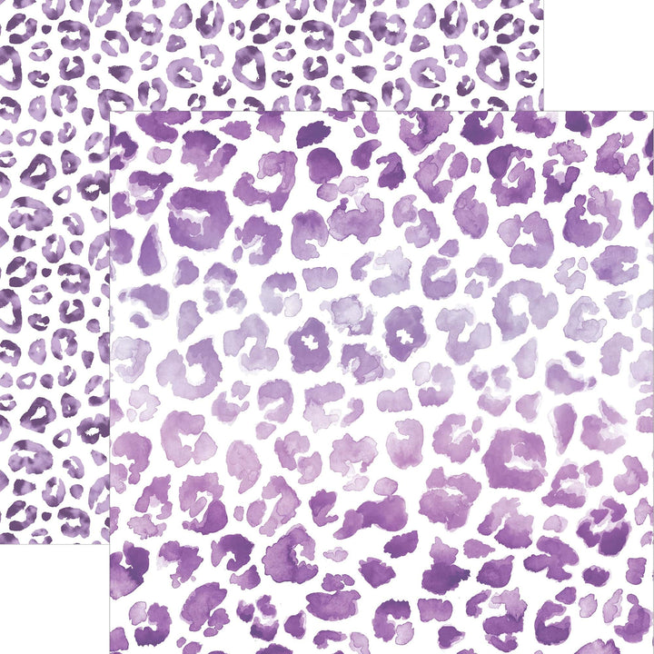 P-2361E - Purple Watercolor Leopard Print 12 x 12 Paper - Three overlapping sheets of purple watercolor leopard print paper on white background