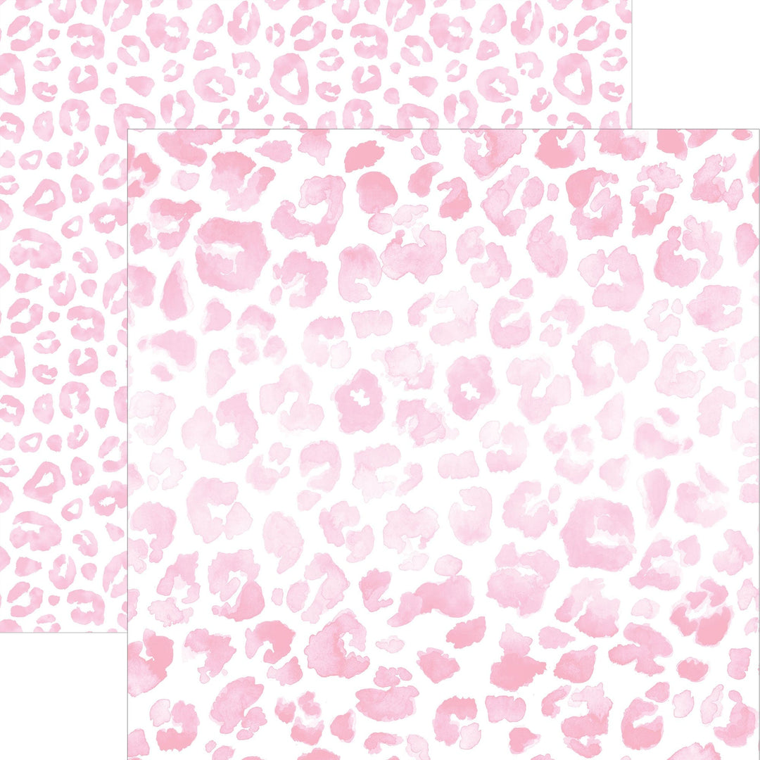 P-2362E - Pink Watercolor Leopard Print 12 x 12 Paper - Two overlapping sheets of pink watercolor leopard print paper with organic spotted patterns on white background