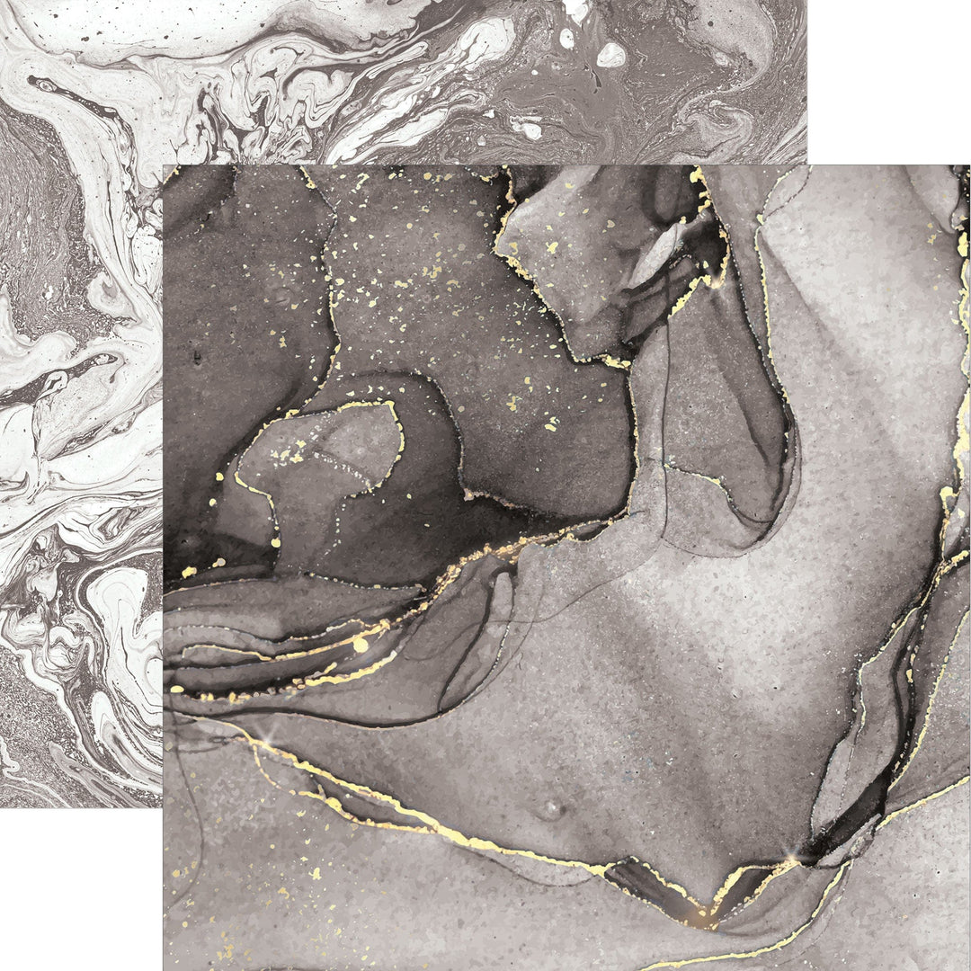 P-2364E - Black Watercolor Marble 12 x 12 Paper - Black and charcoal watercolor marble paper with gold accents and swirled patterns on white background