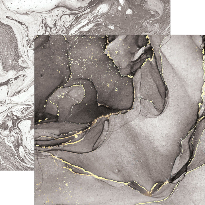 P-2364E - Black Watercolor Marble 12 x 12 Paper - Black and charcoal watercolor marble paper with gold accents and swirled patterns on white background