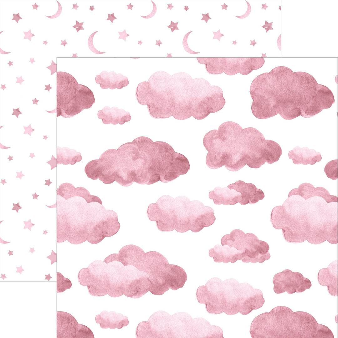 P-2368E - Pink Watercolor Clouds &amp; Moon 12 x12 Paper - Pink watercolor clouds and crescent moons with stars on white background
