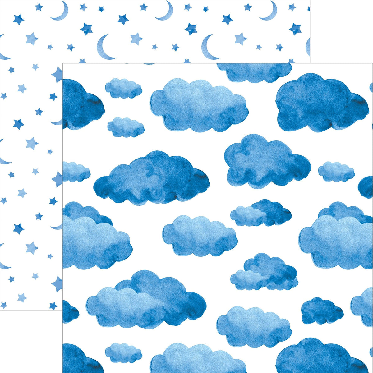 P-2369E - Blue Watercolor Clouds & Moon 12 x12 Paper - Blue watercolor clouds in various sizes scattered across white background with stars and crescent moons on left border