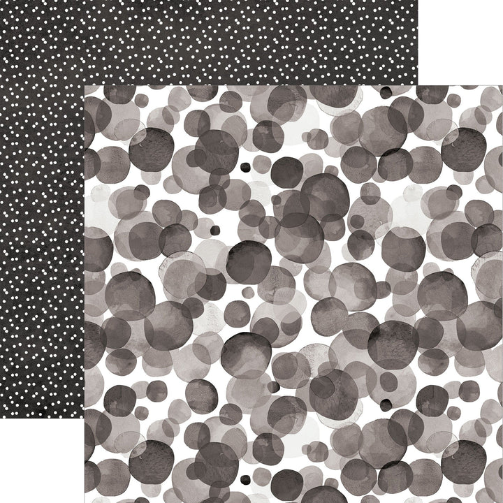 P-2371E - Black Watercolor Polka Dots 12 x 12 Paper - Two-sided decorative paper featuring black polka dots on dark gray and overlapping watercolor circles on white