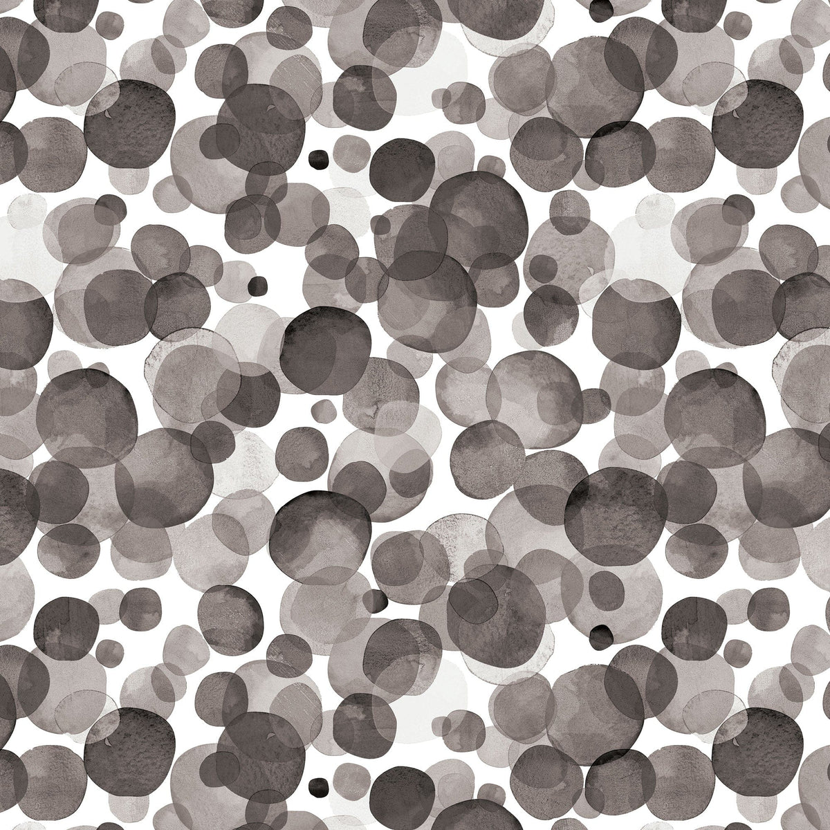 P-2371E - Black Watercolor Polka Dots 12 x 12 Paper - Seamless pattern of overlapping watercolor circles in varying shades of black, gray, and white on a light background