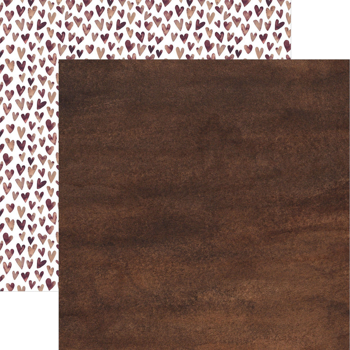 P-2393E - Brown Watercolor Hearts 12 x 12 Scrapbook Paper - Double-sided scrapbook paper with watercolor hearts pattern on one side and solid brown texture on the reverse