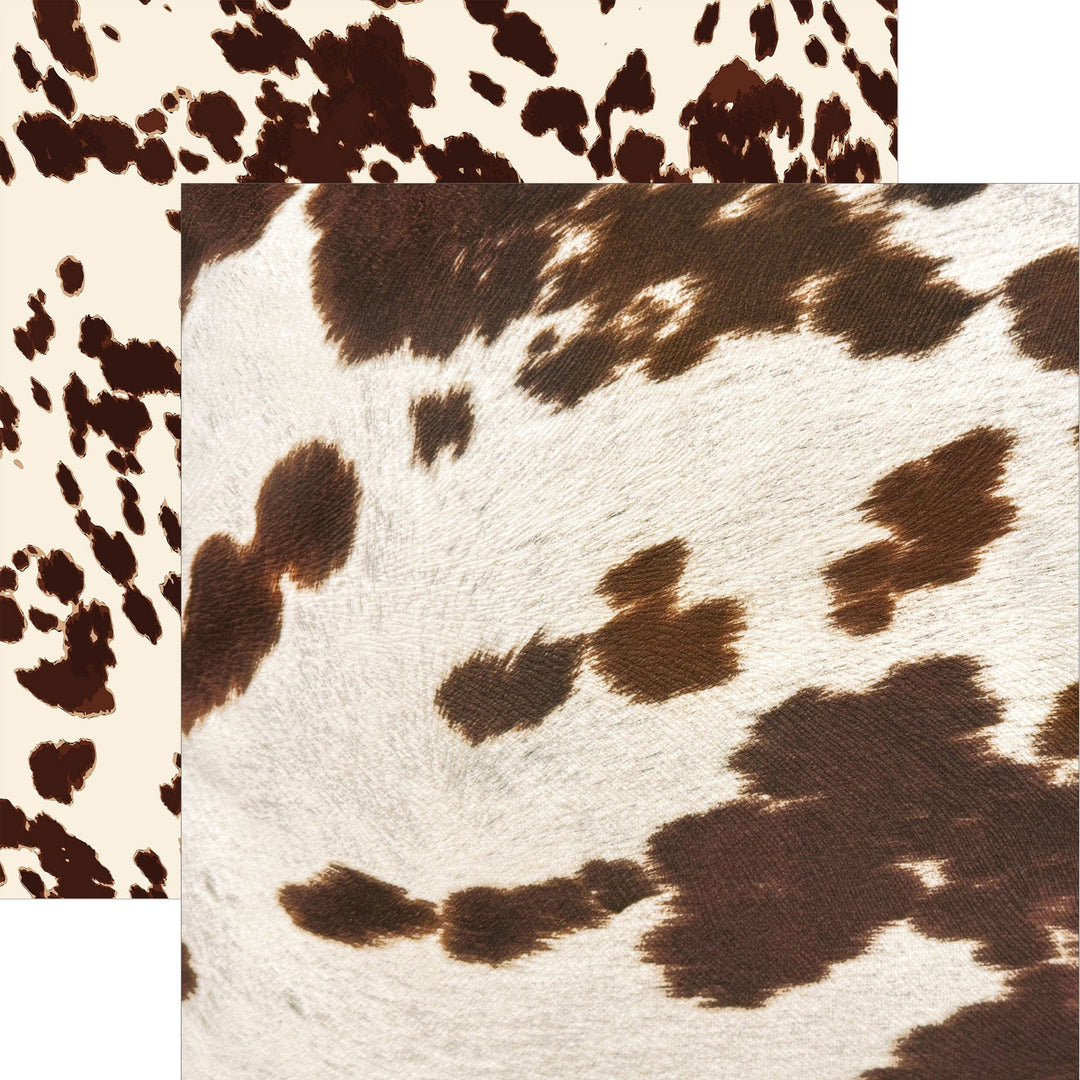 P-2395E - Brown Cow Print 12 x 12 Scrapbook Paper - Brown and white cow print pattern with organic spot shapes on textured paper surface