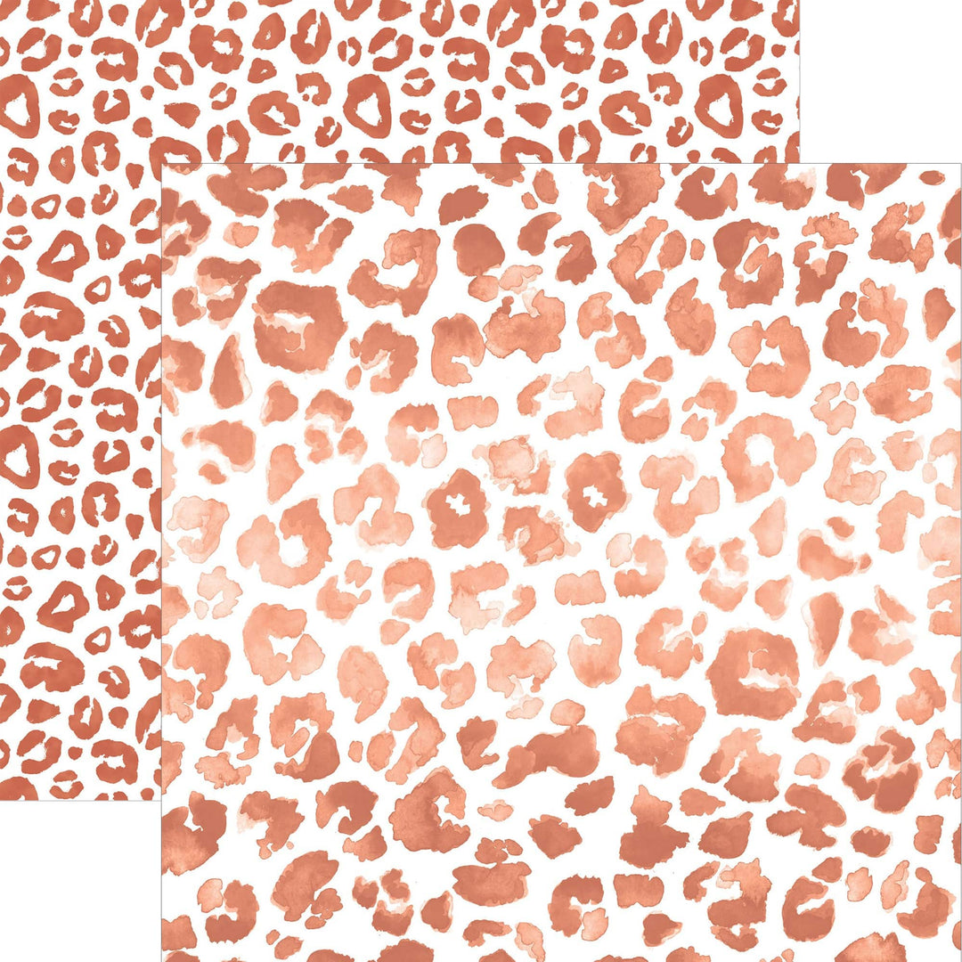 P-2401E - Terra Cotta Watercolor Leopard Print 12 x 12 Scrapbook Paper - Two overlapping sheets of terra cotta watercolor leopard print paper in varying shades and intensities