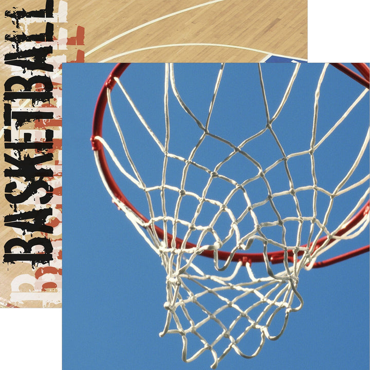 P-2405E - Basketball Hoop 12 x 12 Scrapbook Paper - Basketball hoop with red rim and white net against blue sky background on wooden texture with decorative border