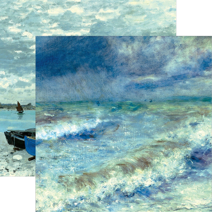 P-2409E - Fine Art - Seascape 12 x 12 Scrapbook Paper - Layered seascape scrapbook paper featuring turquoise waters, white-capped waves, and coastal boats in soft impressionistic style