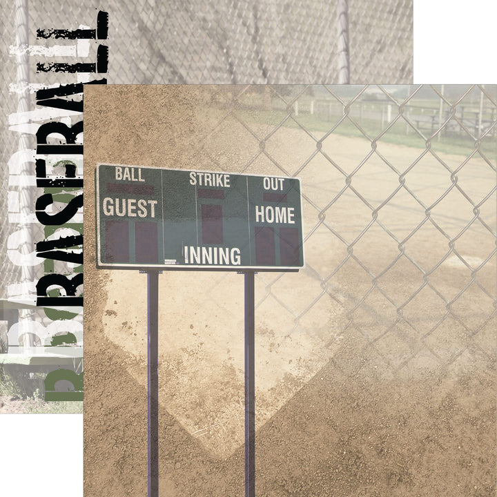 P-2413E - Baseball Scoreboard 12 x 12 Scrapbook Paper - Baseball scoreboard with columns for Ball, Strike, Out, Guest, Home, and Inning on tan background with chain-link fence