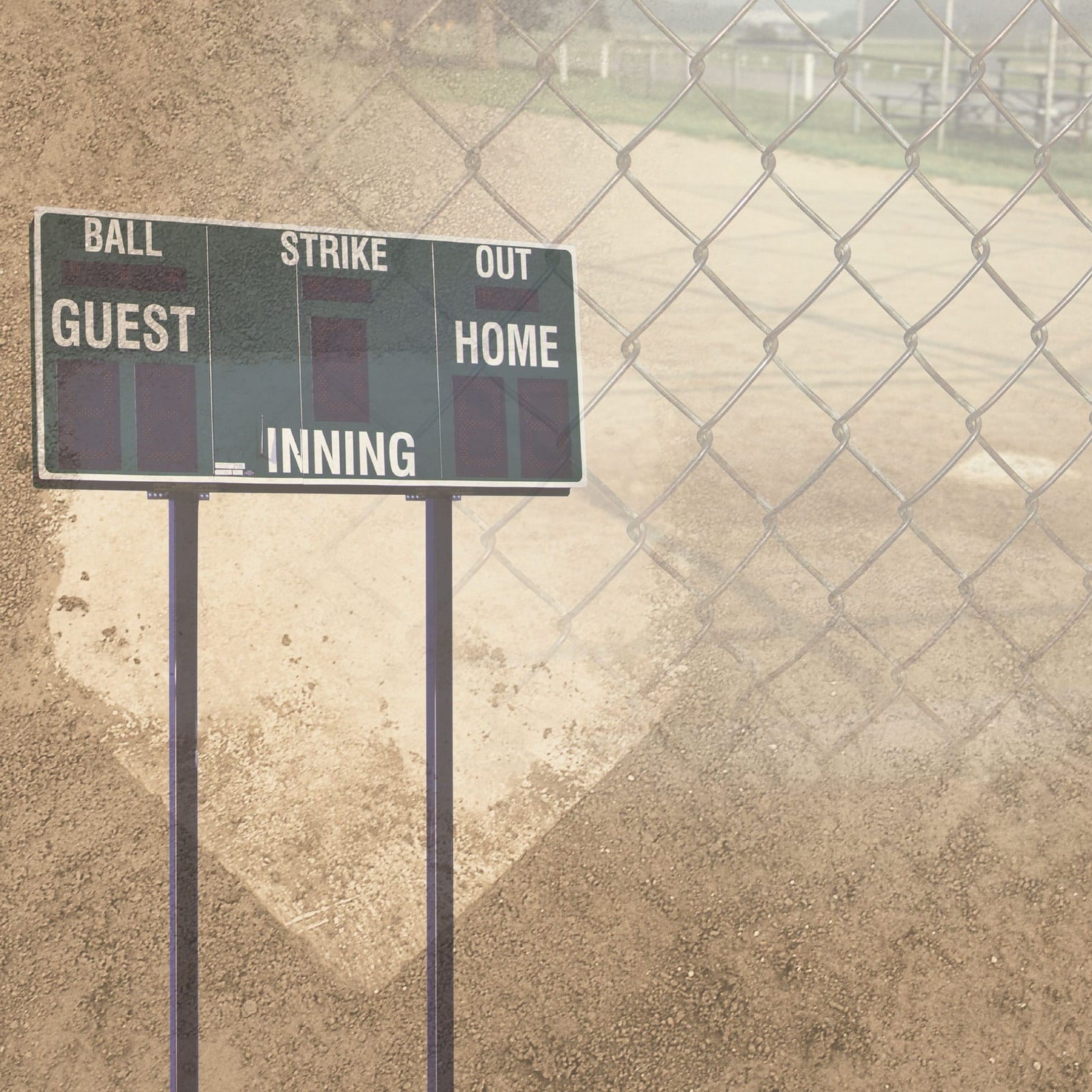 P-2413E - Baseball Scoreboard 12 x 12 Scrapbook Paper - Baseball scoreboard with columns for Ball, Strike, Out, Guest, Home, and Inning displayed against a chain-link fence