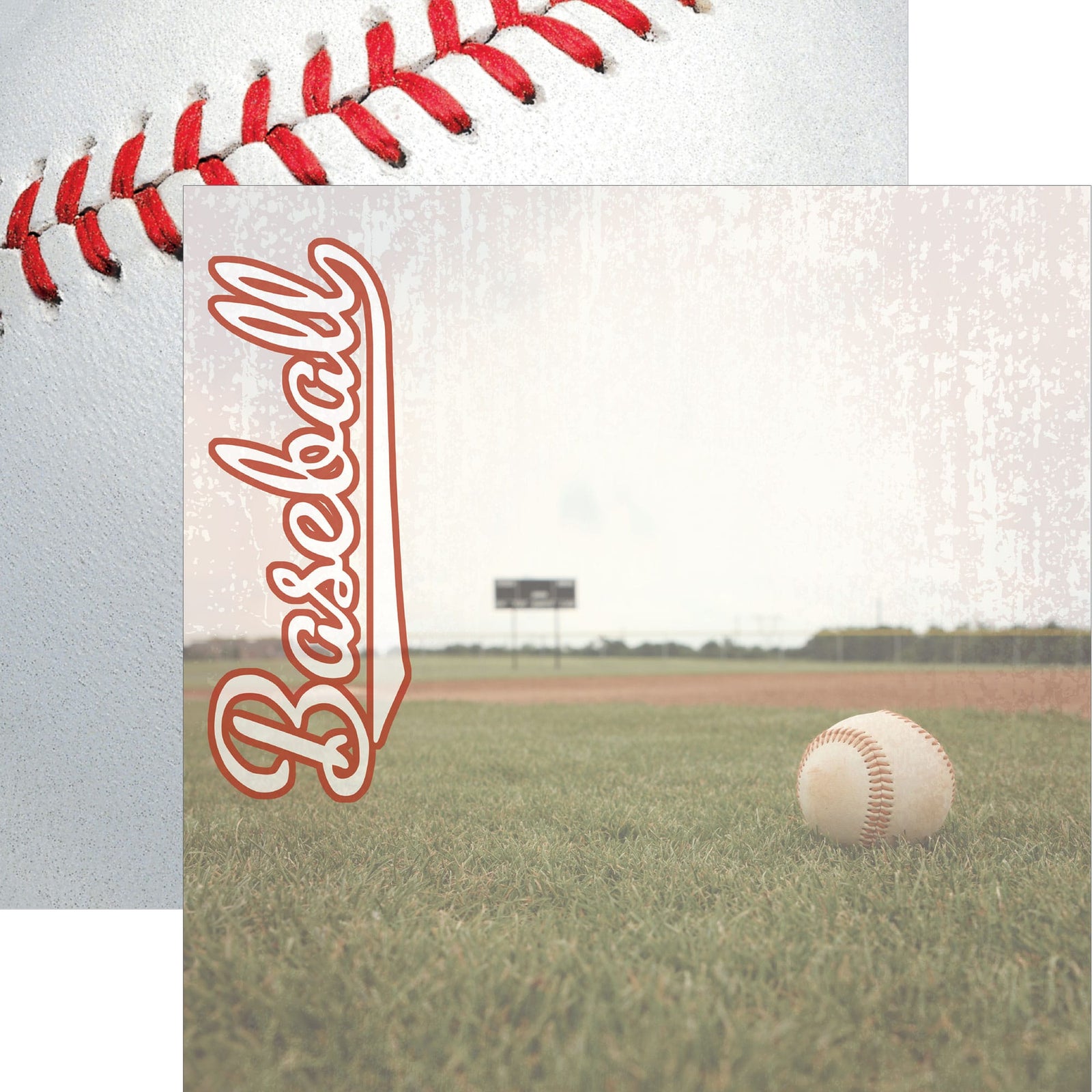 P-2414E - Baseball 12 x 12 Scrapbook Paper - Red and white baseball-themed scrapbook paper featuring stitched seams and "Baseball" text with field background