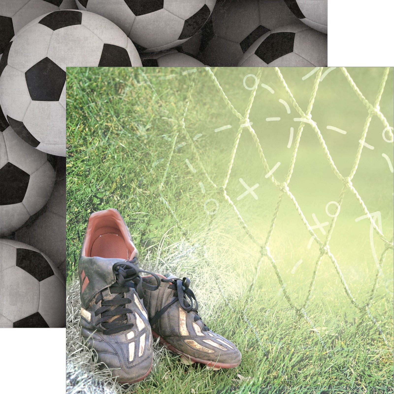 P-2416E - Soccer Cleats 12 x 12 Scrapbook Paper - Collage featuring black and white soccer balls, grass field with goal net, and worn athletic cleats with coral and black accents