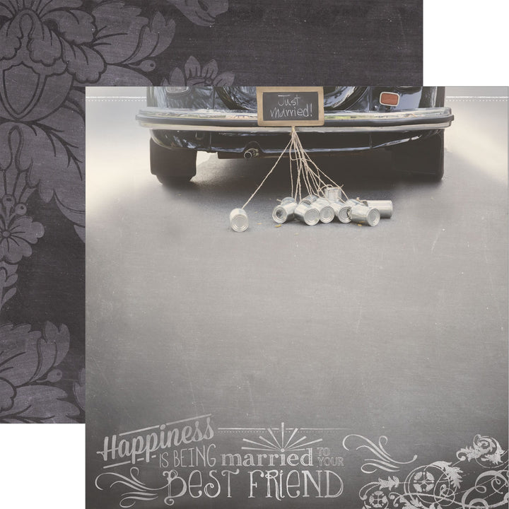 P-2419E - Married My Best Friend 12 x 12 Scrapbook Paper - Dark gray scrapbook paper featuring "Married My Best Friend" text, decorative flourishes, and a "Just Married" car photo element