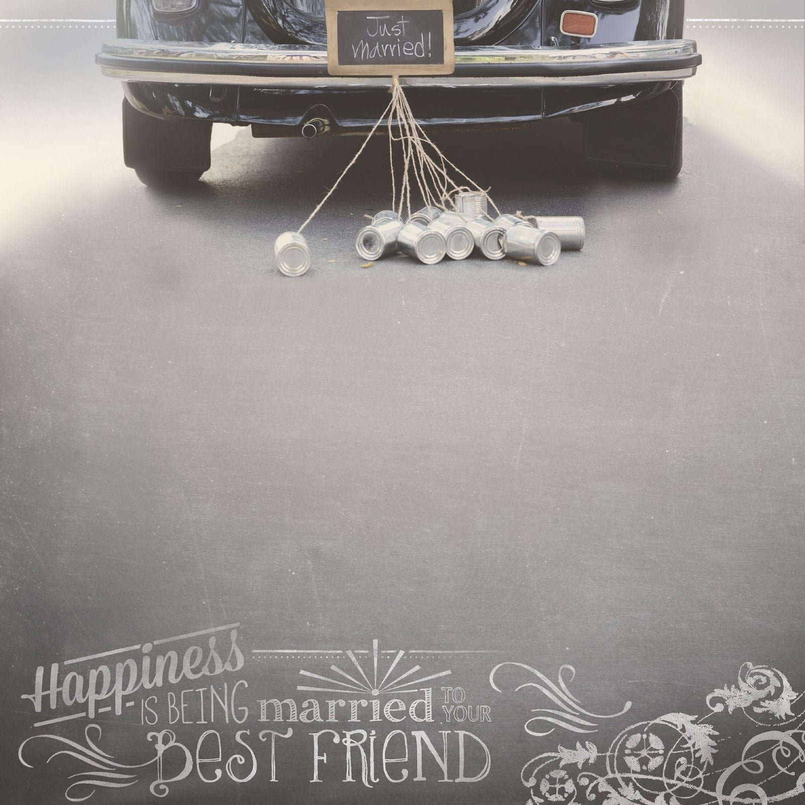 P-2419E - Married My Best Friend 12 x 12 Scrapbook Paper - Dark gray scrapbook paper featuring white text reading "Happiness is being married to your best friend" with decorative flourishes and tin cans