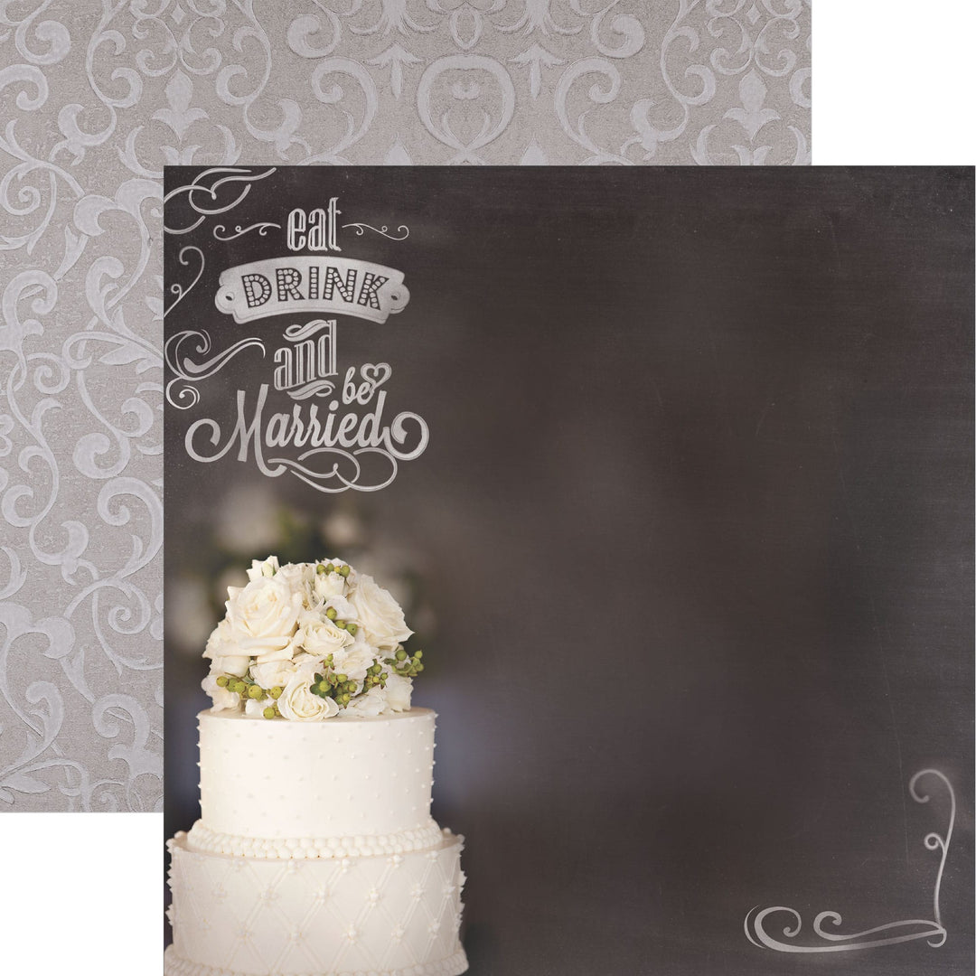 P-2420E - Wedding Cake 12 x 12 Scrapbook Paper - Decorative scrapbook paper featuring a white wedding cake with floral topper and "Eat Drink and be Married" text on dark background