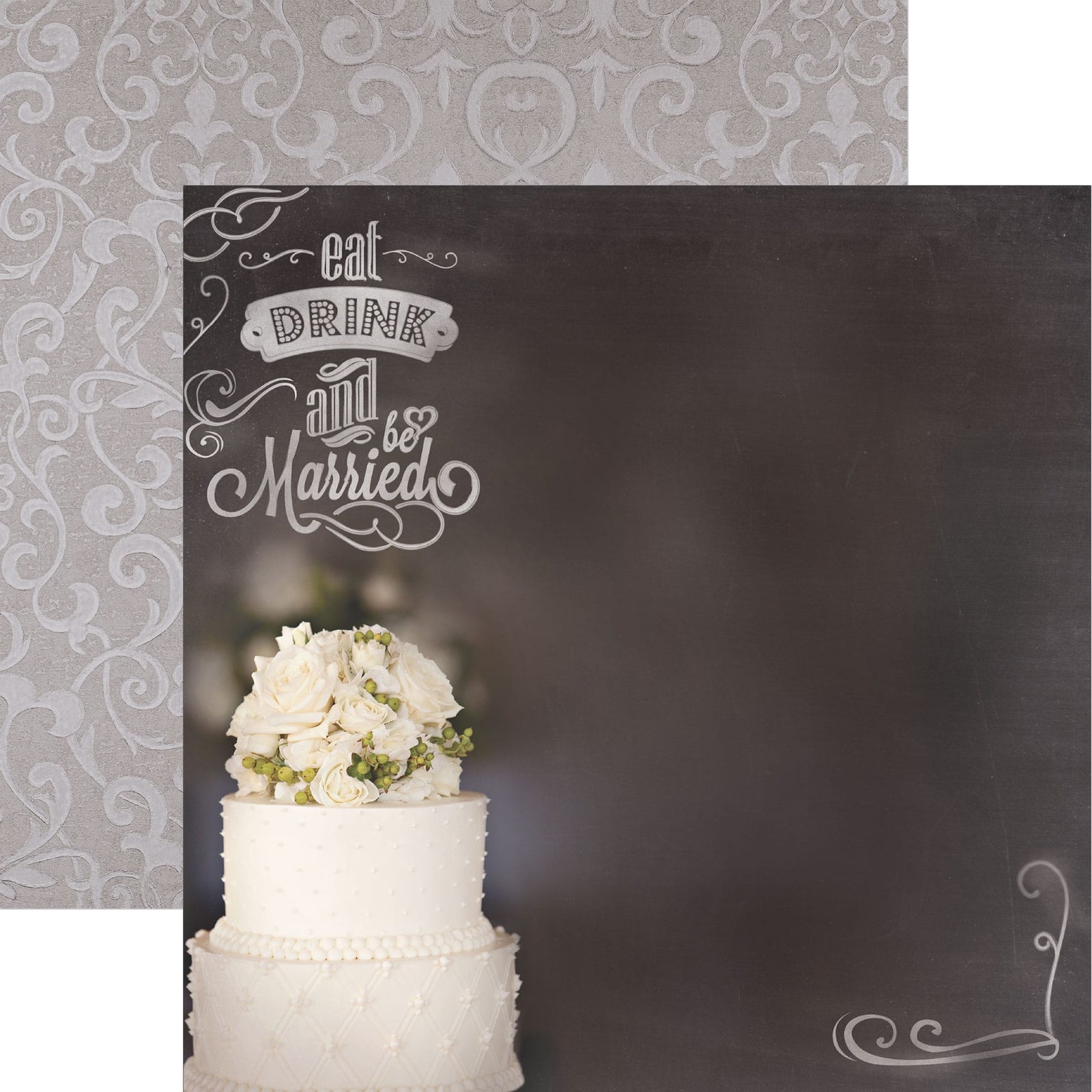 P-2420E - Wedding Cake 12 x 12 Scrapbook Paper - Decorative scrapbook paper featuring a white wedding cake with floral topper and "Eat Drink and be Married" text on dark background