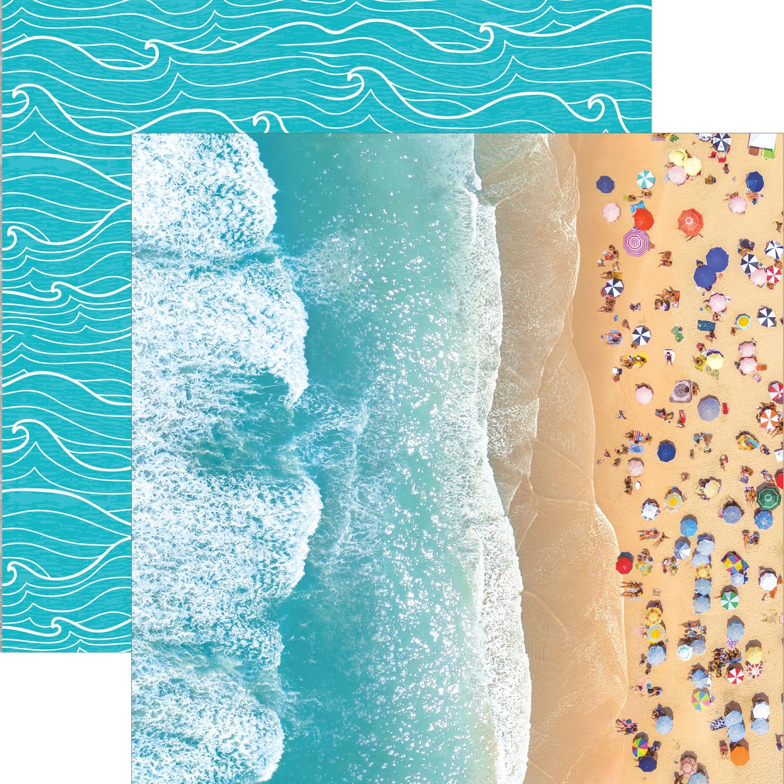 P-2421E - Beach Day 12 x 12 Scrapbook Paper - Colorful scrapbook paper featuring turquoise wave patterns, ocean waves, sandy beach, and aerial beach scene with umbrellas and people