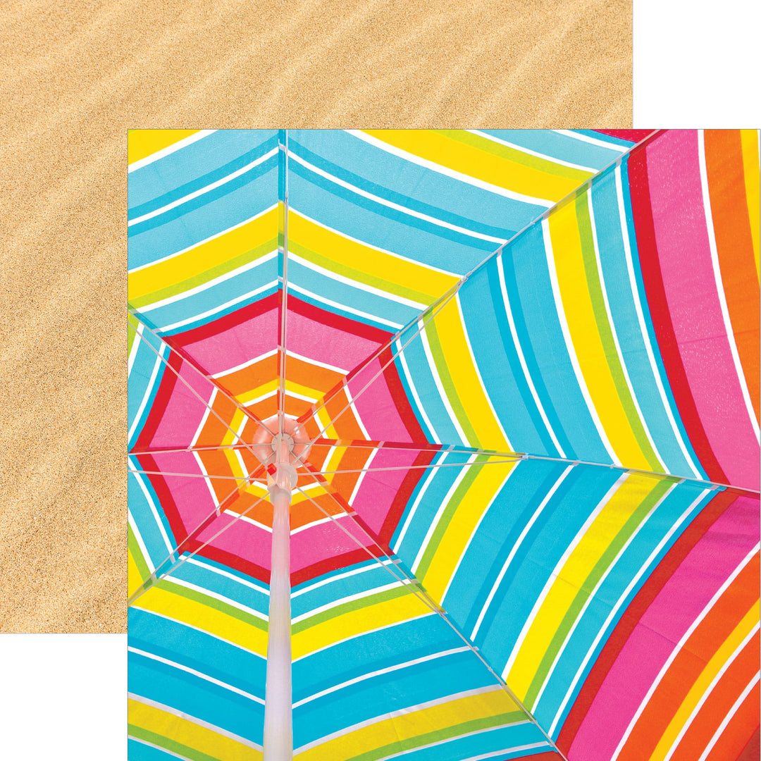 P-2422E - Beach Umbrella 12 x 12 Scrapbook Paper - Colorful striped beach umbrella viewed from below against sandy background, featuring vibrant rainbow stripes in blue, yellow, pink, orange, and red