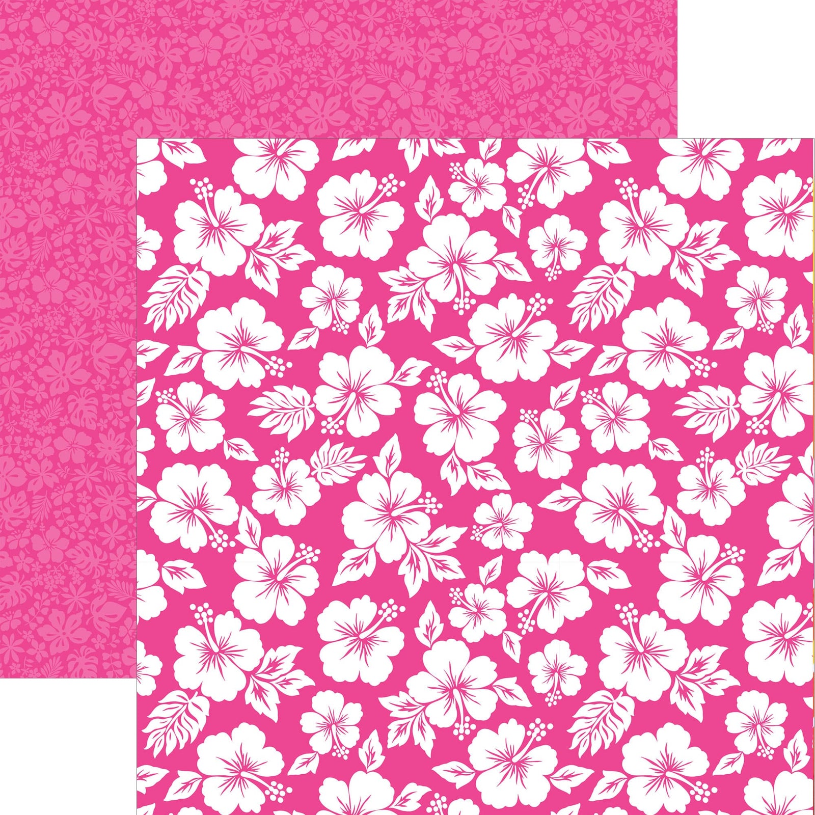 P-2423E - Pink Hibiscus 12 x 12 Scrapbook Paper - Two-sided pink scrapbook paper with white hibiscus flowers and leaves on one side, subtle floral pattern on reverse
