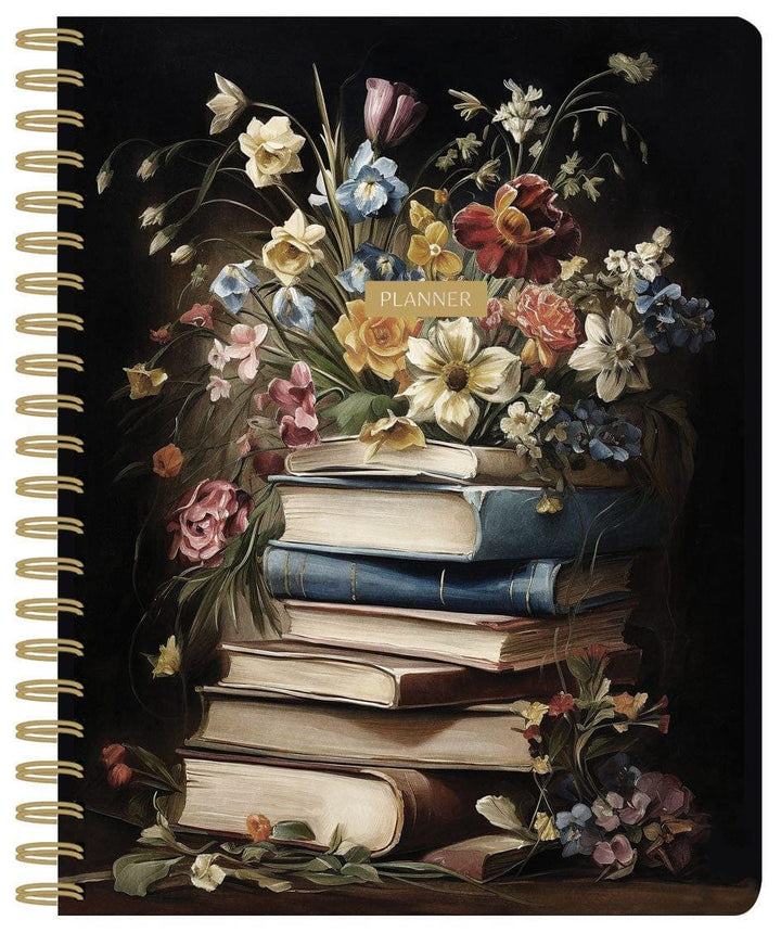 PL-2036E - Books &amp; Flowers 12 Month Undated Planner - Spiral-bound black planner with gold binding featuring a stacked books design adorned with colorful vintage florals and a gold "PLANNER" label