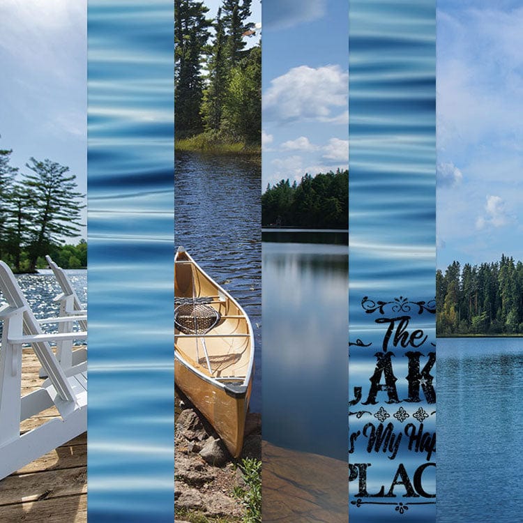 PSET-0013E - Lake Life 12 x 12 Scrapbook Paper Set - Collage of lake scenes featuring white Adirondack chairs, wooden canoe, forest shoreline, calm water, and "the lake" text design