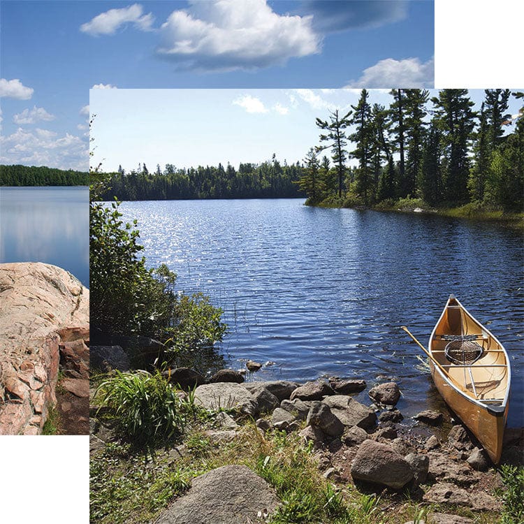 PSET-0013E - Lake Life 12 x 12 Scrapbook Paper Set - Scenic lake landscape with canoe, rocky shore, evergreen trees, and blue sky with white clouds