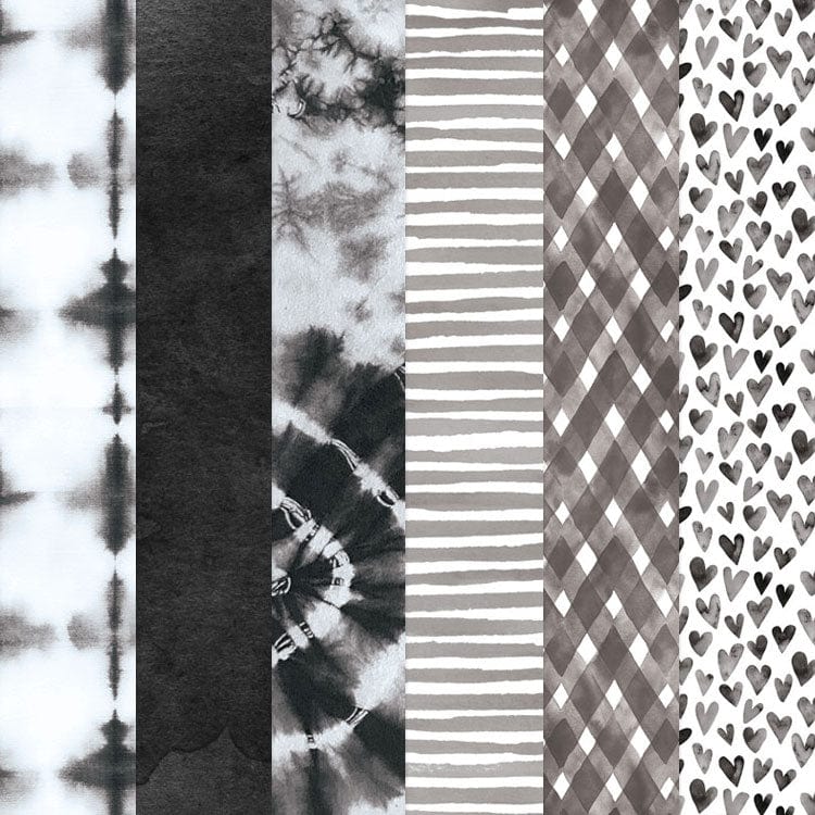 PSET-0018E - Black Colorways Pattern 12 x 12 Scrapbook Paper Set - Six vertical strips of black and white patterned scrapbook paper featuring tie-dye, solid, stripes, argyle, and heart designs