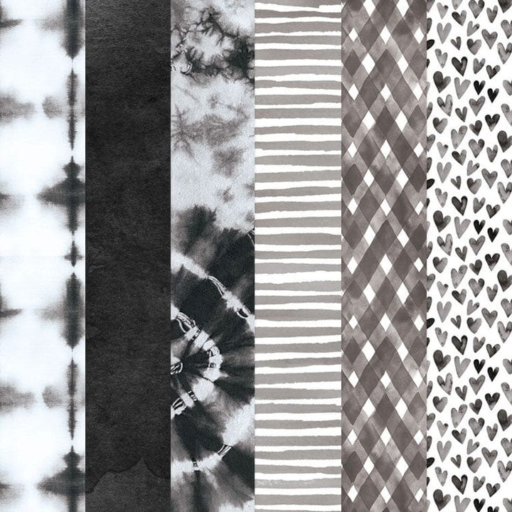 PSET-0018E - Black Colorways Pattern 12 x 12 Scrapbook Paper Set - Six vertical strips of black and white patterned scrapbook paper featuring tie-dye, solid, stripes, argyle, and heart designs